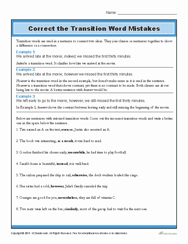 Transition Words Practice Worksheet New Correct the Transition Words Mistakes