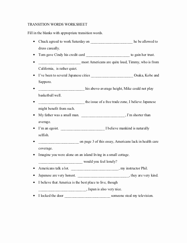 Transition Words Practice Worksheet New Transition Words Worksheet
