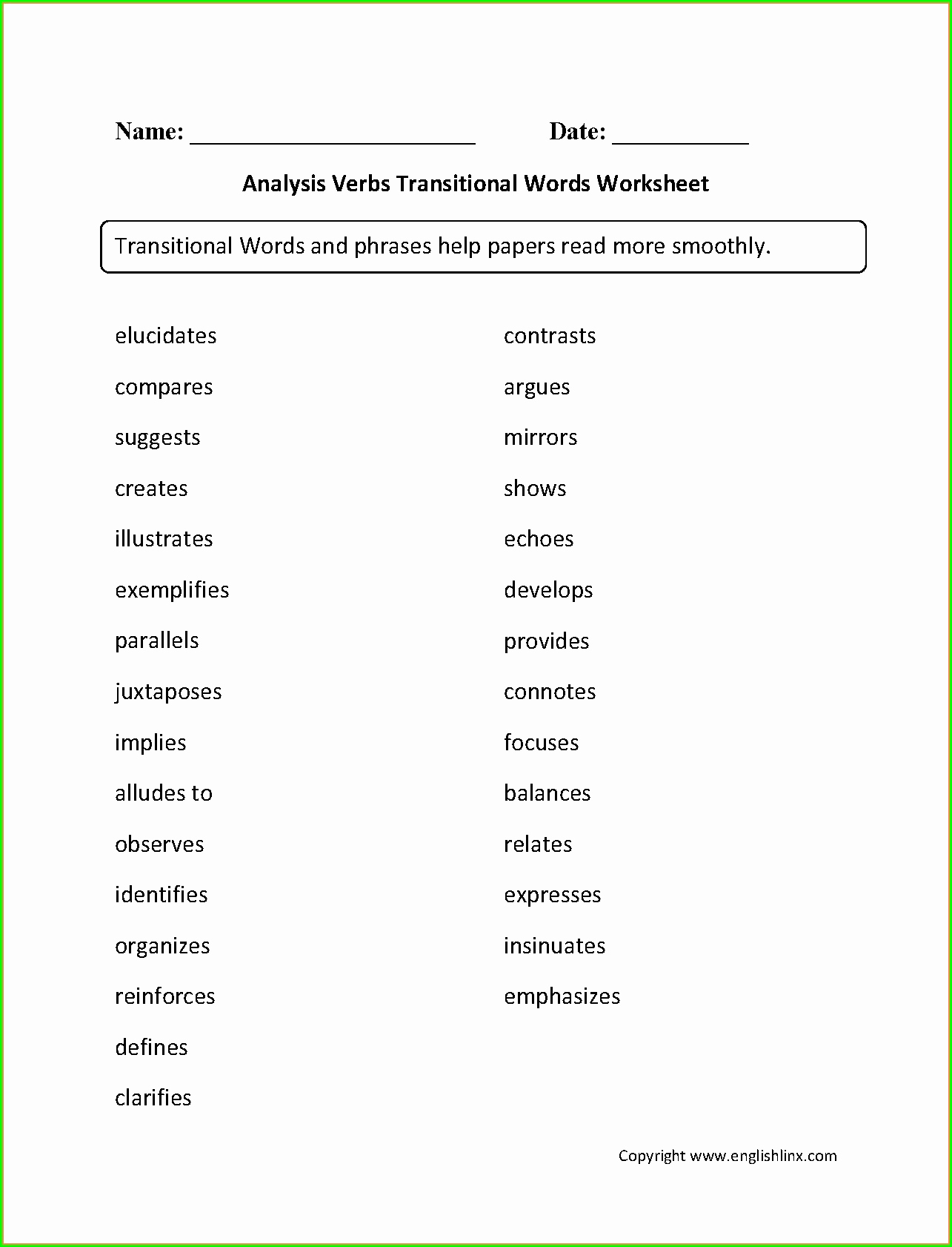 Tutorial 30 Explore Transition Words Practice Worksheet Simple