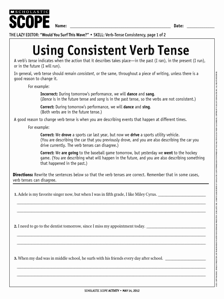 Verb Tense Worksheets Middle School Unique 20 Verb Tense Worksheets Middle School