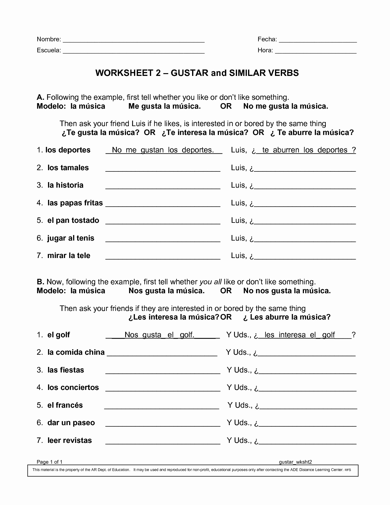 Verbs Worksheets for Middle School Beautiful Worksheet 2 Gustar and Similar Verbs Pdf