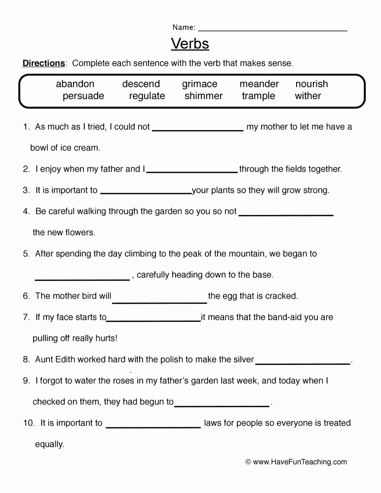 Verbs Worksheets for Middle School Elegant Parts Of Speech Middle School Worksheets