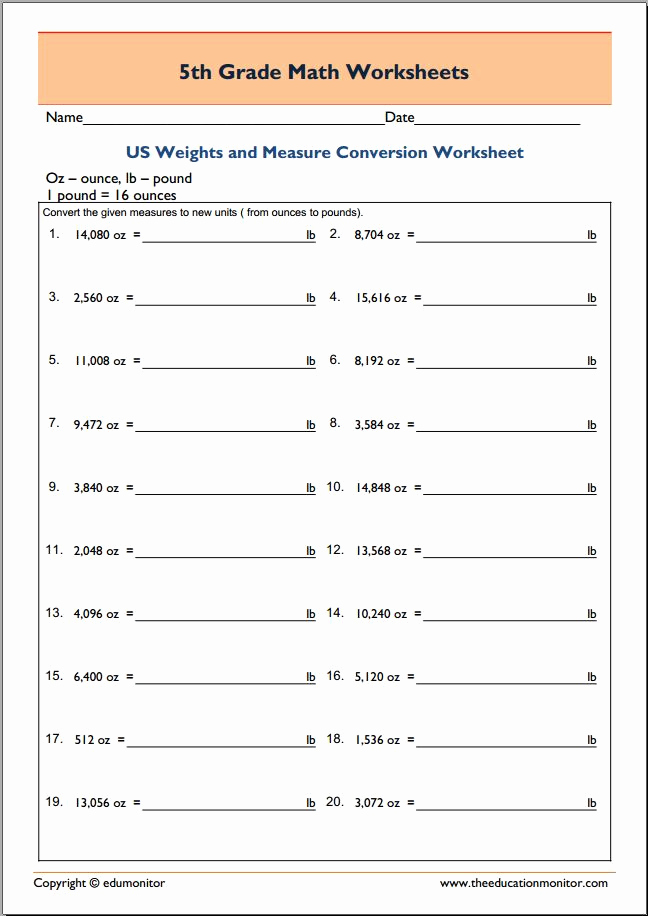 Weight Conversion Worksheets Unique Measuring Weights 5th Grade Printable Worksheets