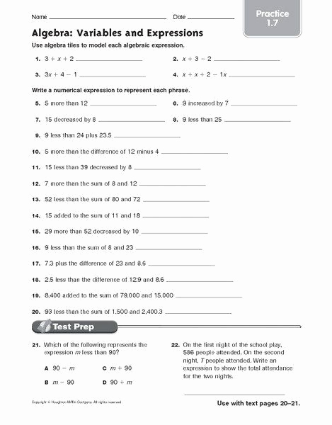 Writing Numerical Expressions Worksheets Best Of Writing Algebraic Expressions Worksheet Algebra Variables