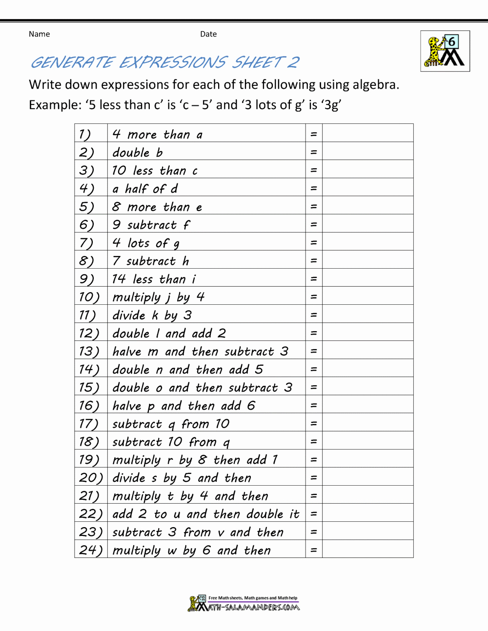 Writing Numerical Expressions Worksheets Inspirational Basic Algebra Worksheets