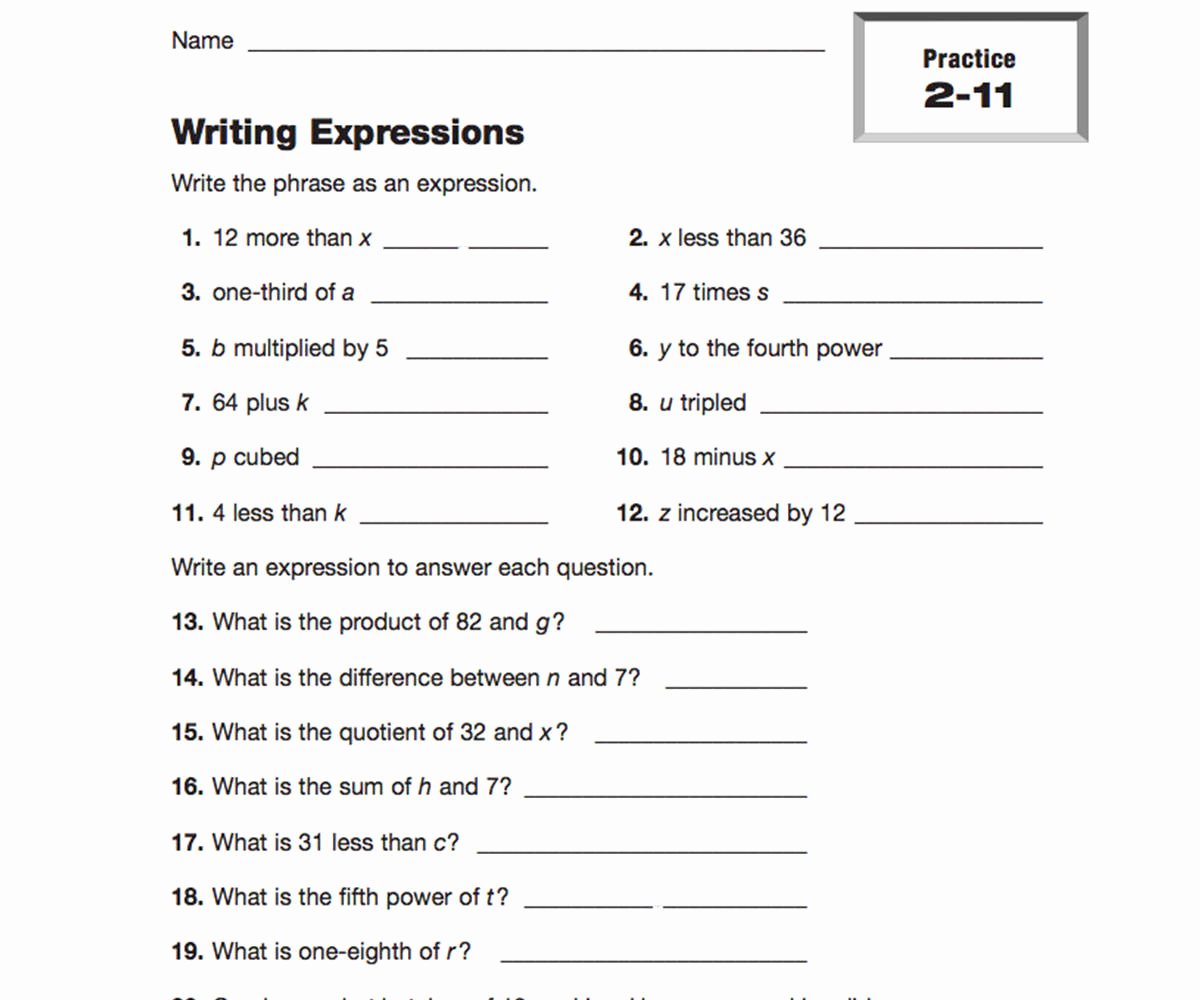 Writing Numerical Expressions Worksheets New Writing Expressions Printable 5th 6th Grade