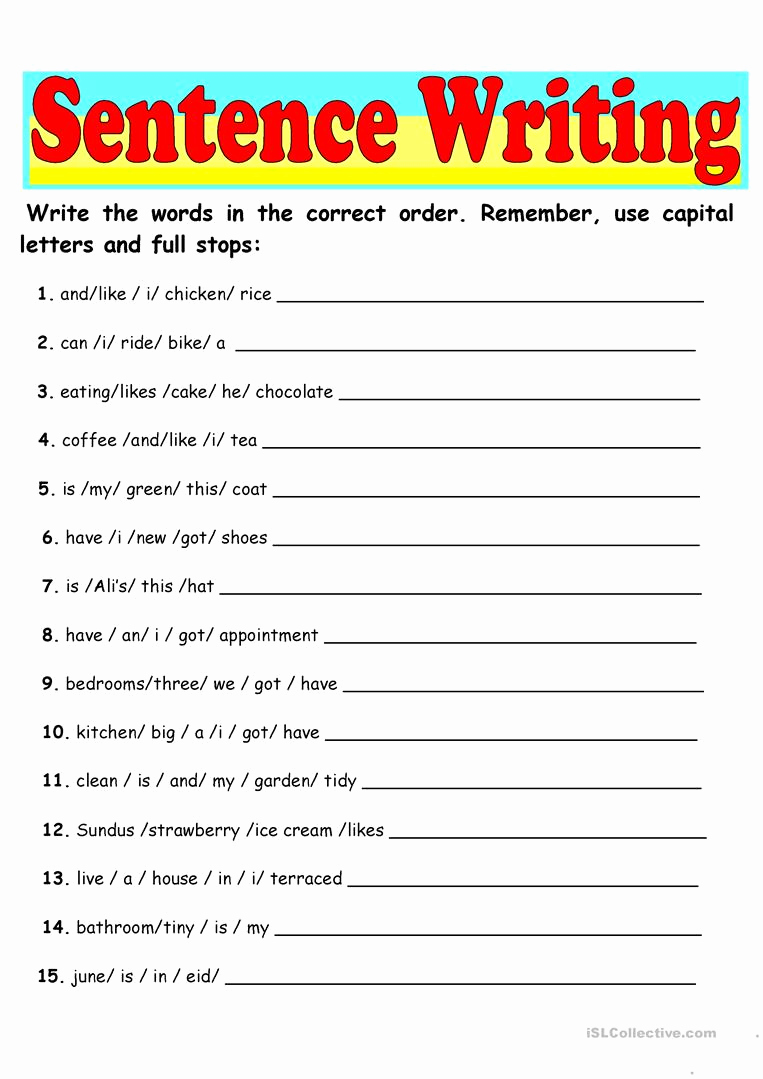 Writing Sentences Worksheets Fresh Sentence Writing English Esl Worksheets for Distance